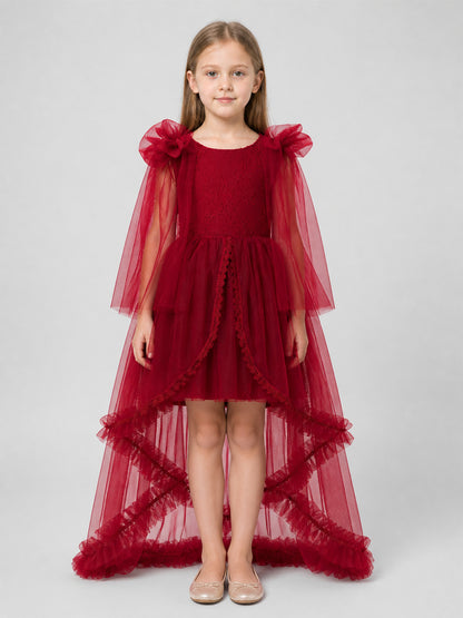 Burgundy Princess Dress with a Long Train and Bows on-model view