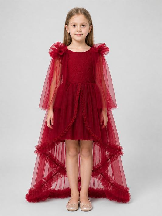Burgundy Princess Dress with a Long Train and Bows on-model view