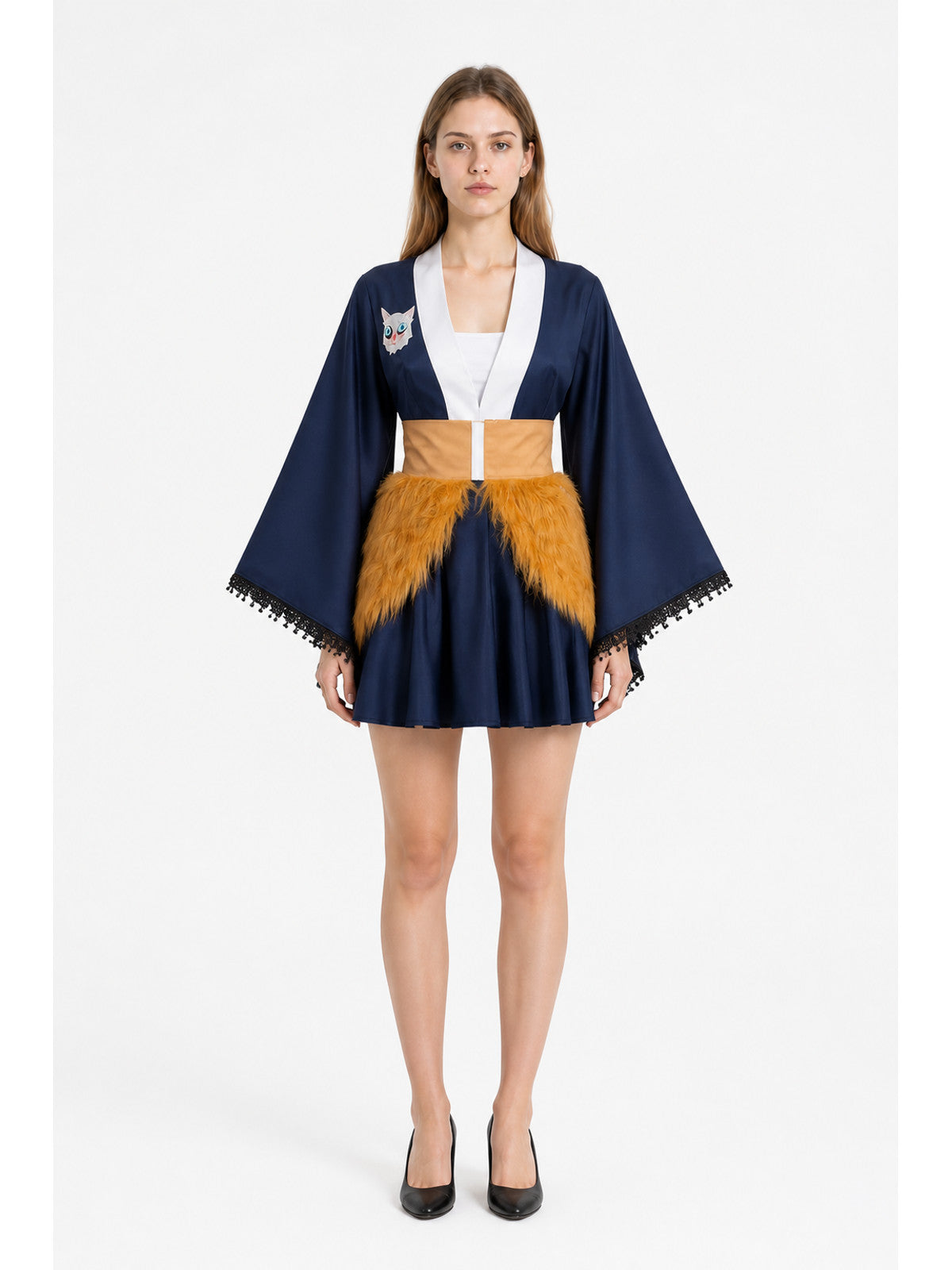 Japanese-Style Dress with Flared Sleeves and Cat Print main product view