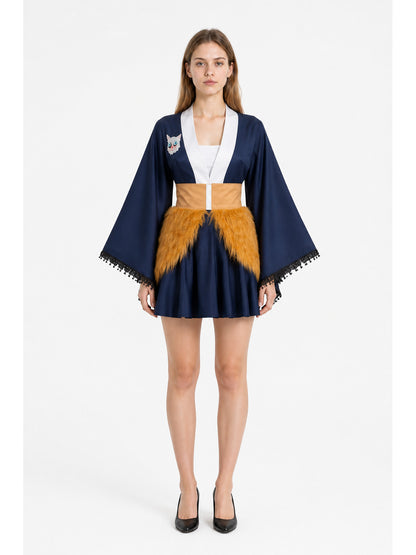 Japanese-Style Dress with Flared Sleeves and Cat Print main product view