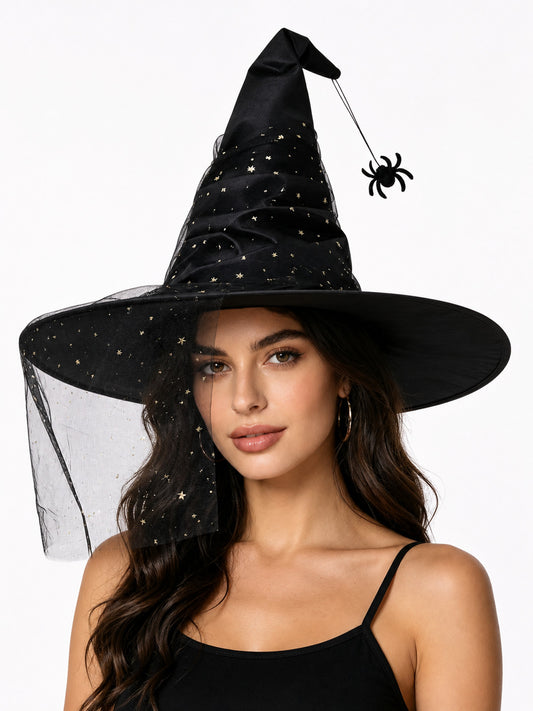 Carnival Witch Hat with Mesh and Stars front view