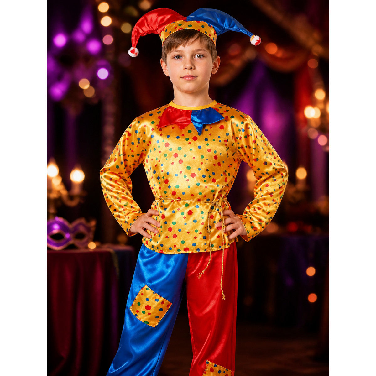 Boys' Clown Circus Costume Set With Polka Dots, Colorblock Pants And Hat on-model view