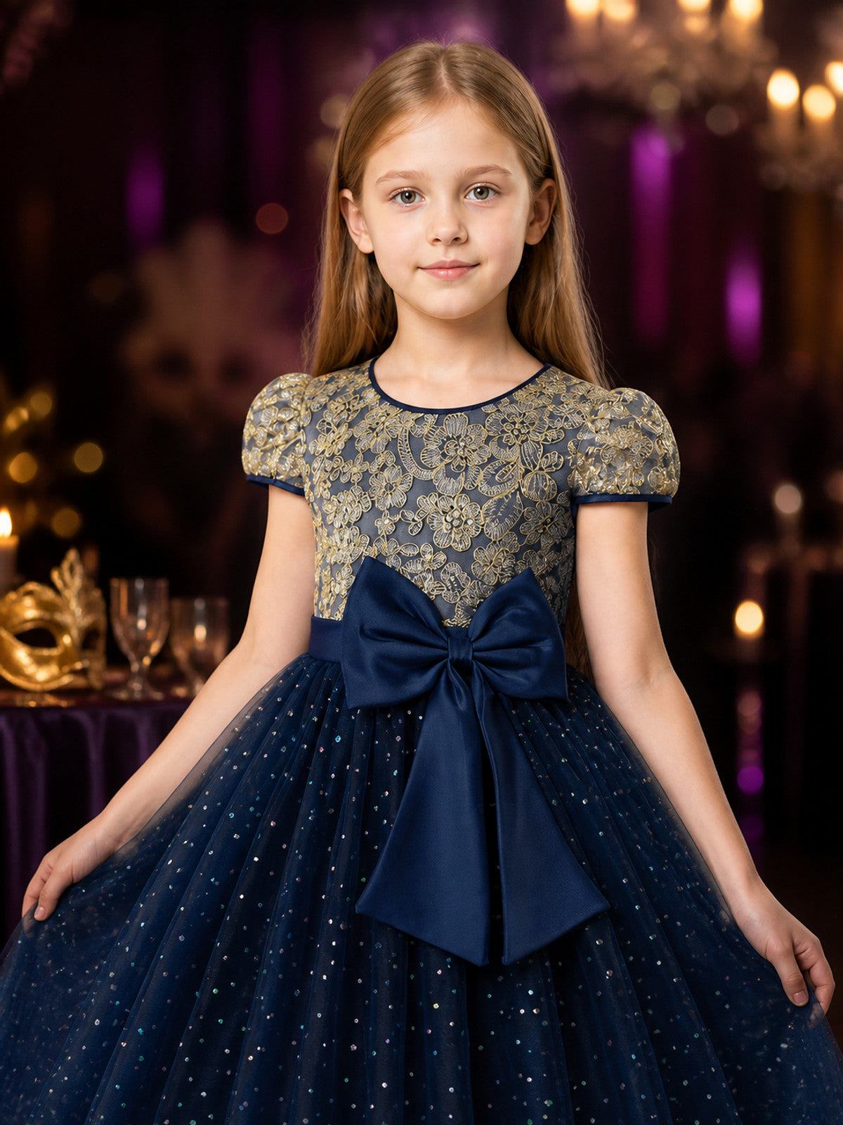 Girls' Navy Blue Princess Party Dress with Gold Embroidery, Bow, and Glitter Dot on-model view