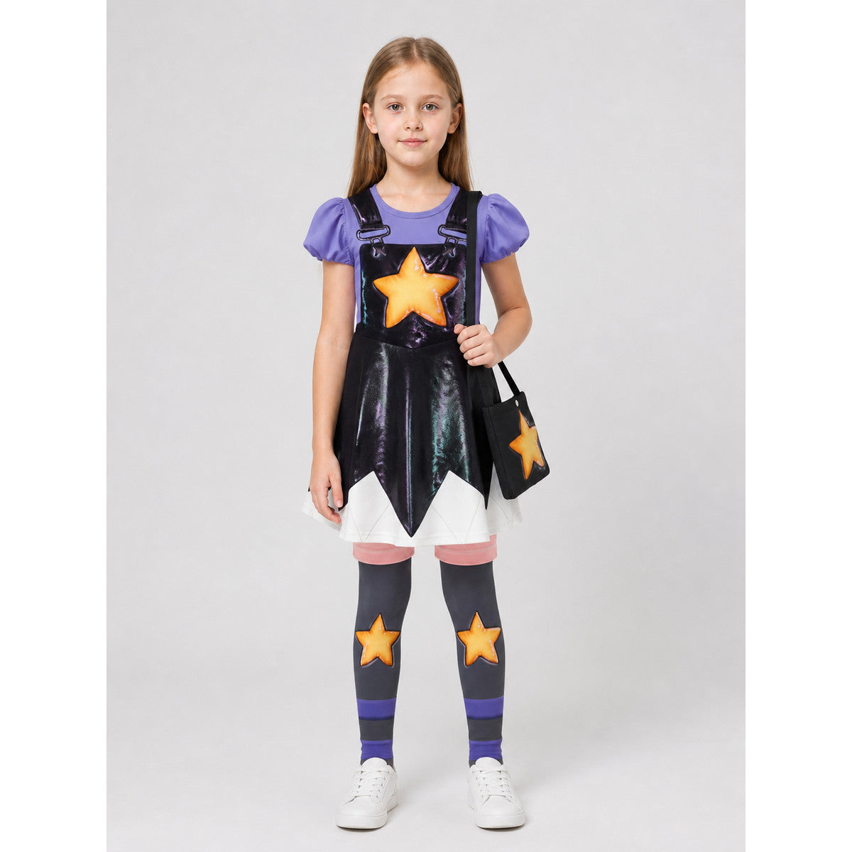 Character costume: dress, leggings, shorts, and bag