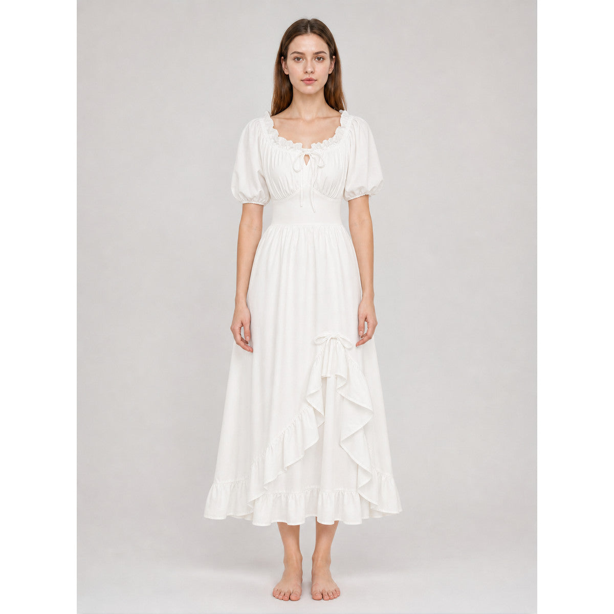 White Midi Dress with a Corset-Style Bodice and Ruffles