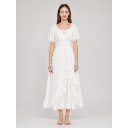 White Midi Dress with a Corset-Style Bodice and Ruffles