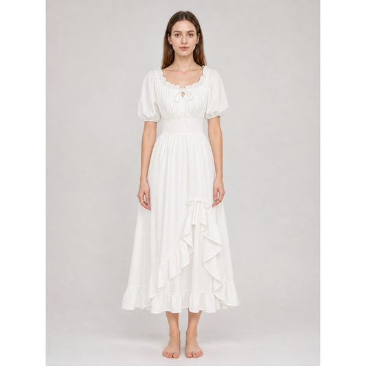 White Midi Dress with a Corset-Style Bodice and Ruffles