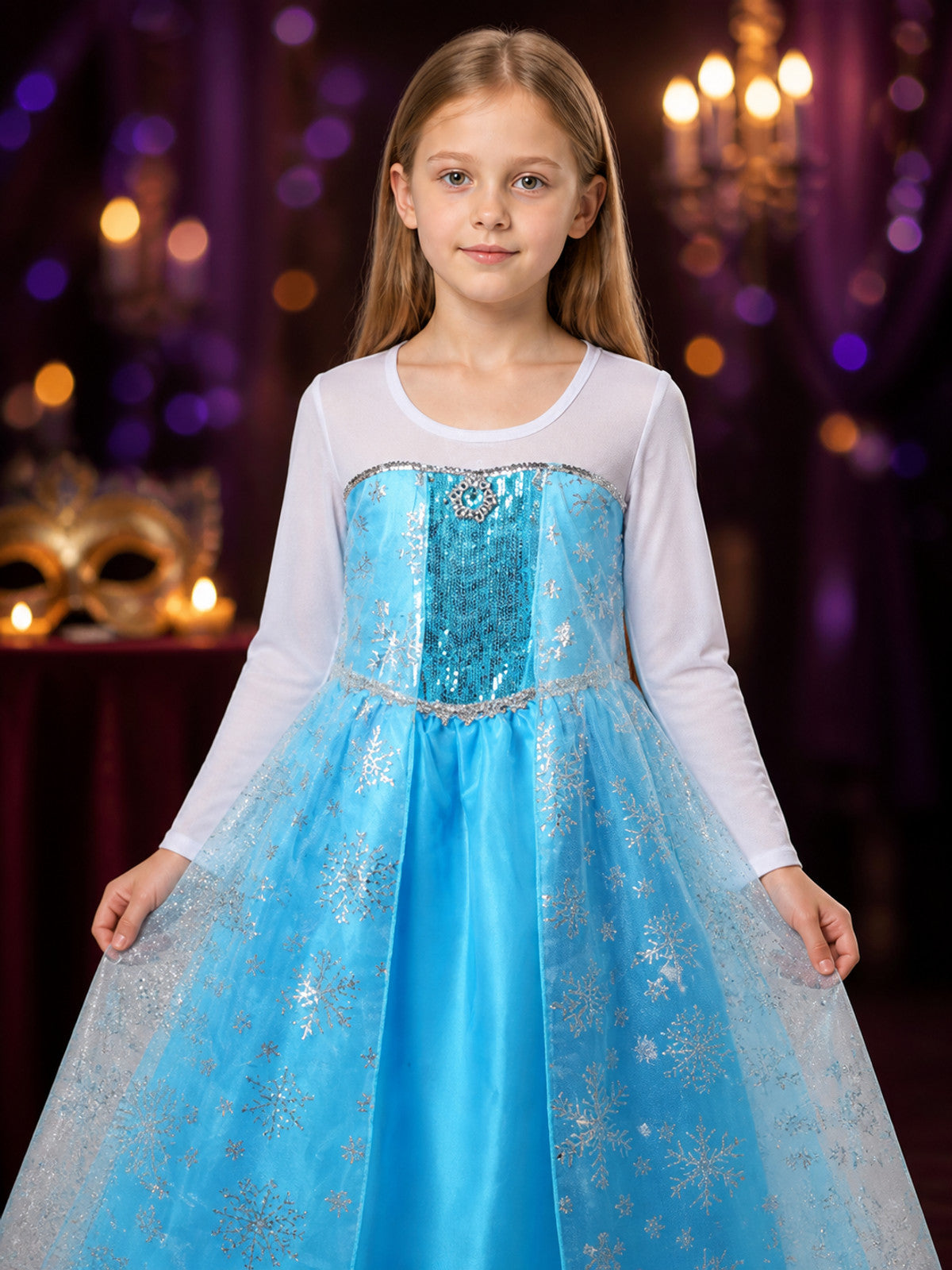 Girls' Snowflake Princess Dress Costume Set, Sequin Mesh Overlay With Long on-model view