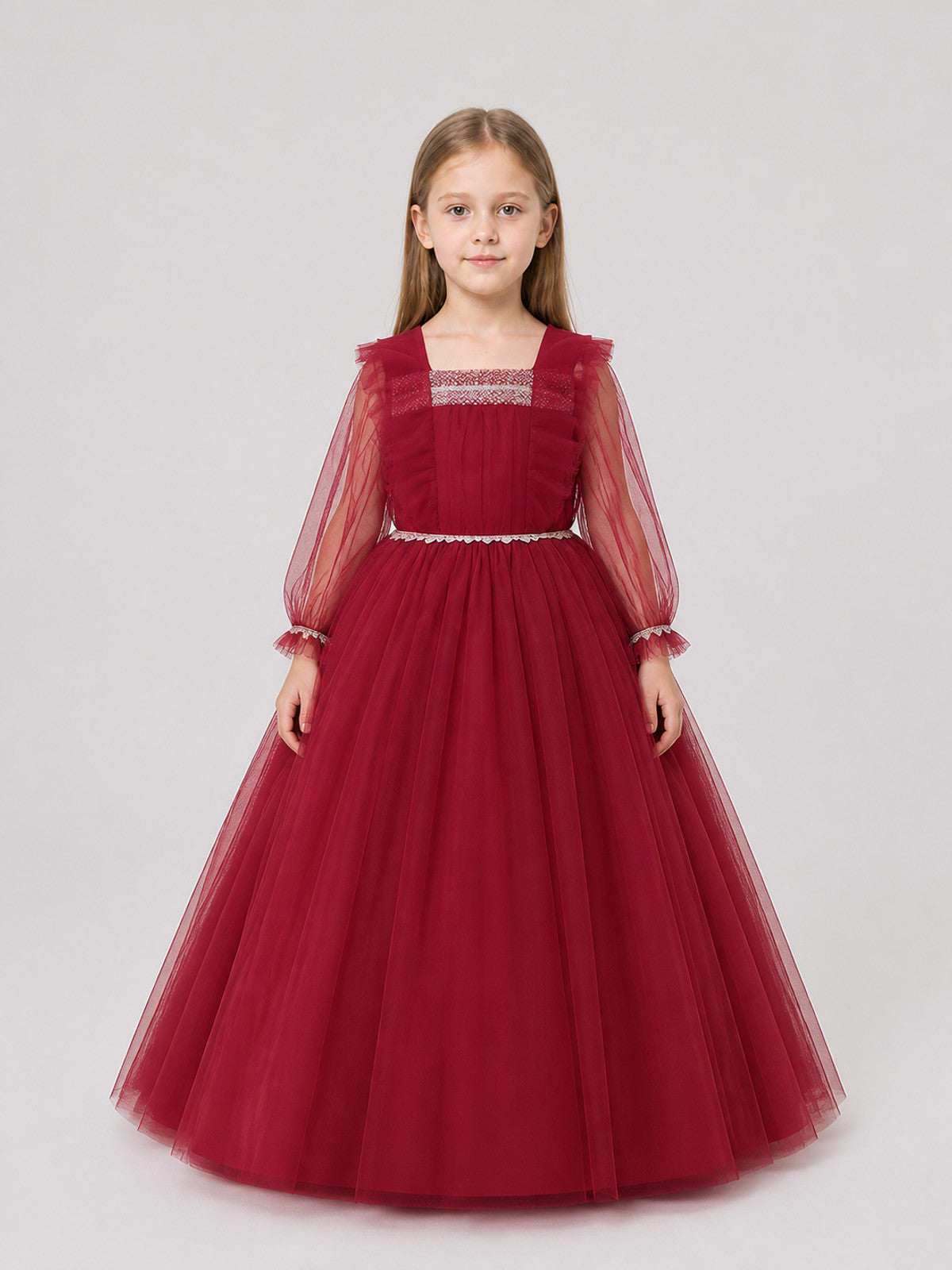 Burgundy Dress with a Full Skirt and Mesh Sleeves on-model view