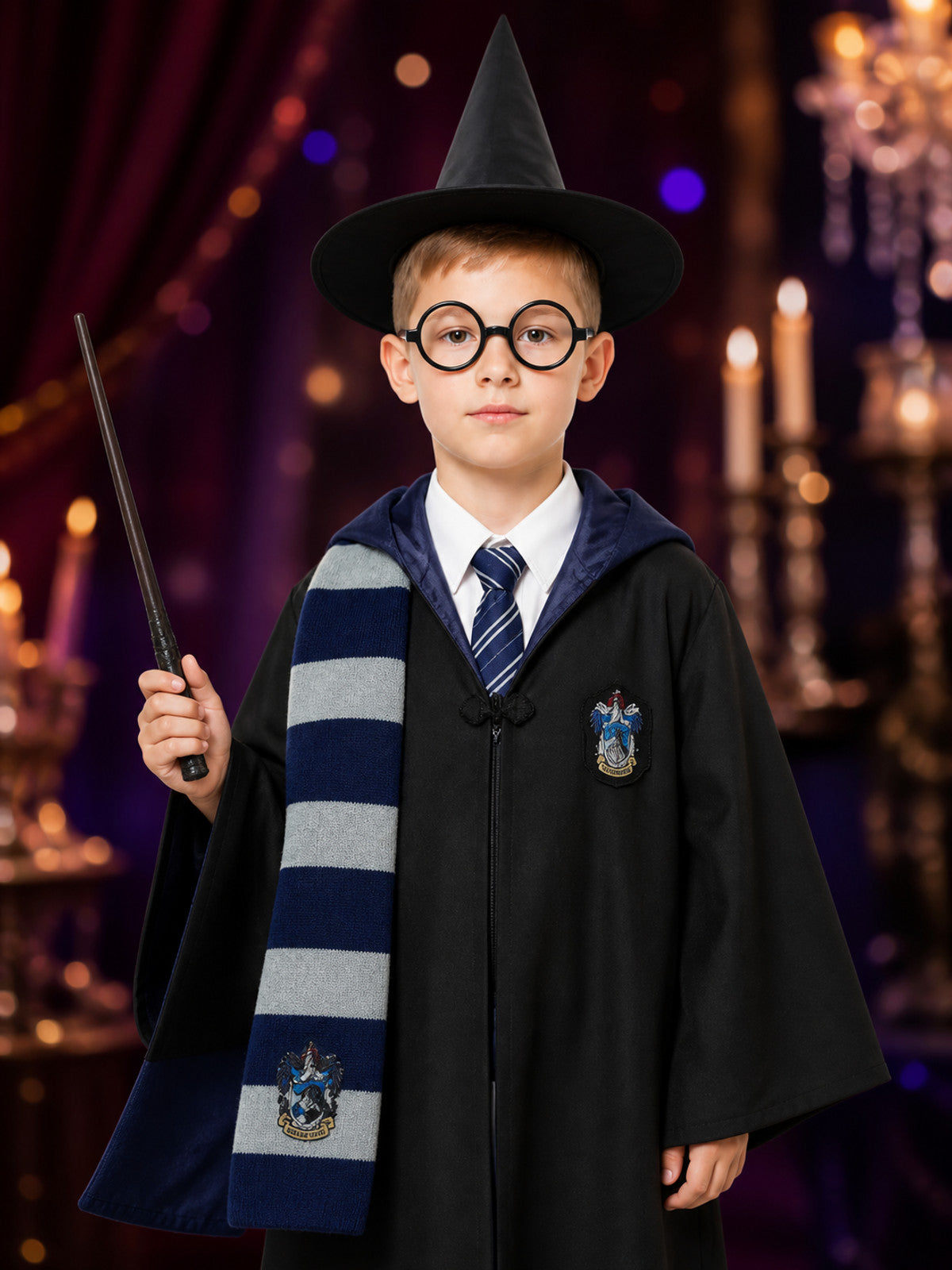 Blue And Silver Wizard Robe Costume Set With Hat, Glasses, Scarf And Tie on-model view