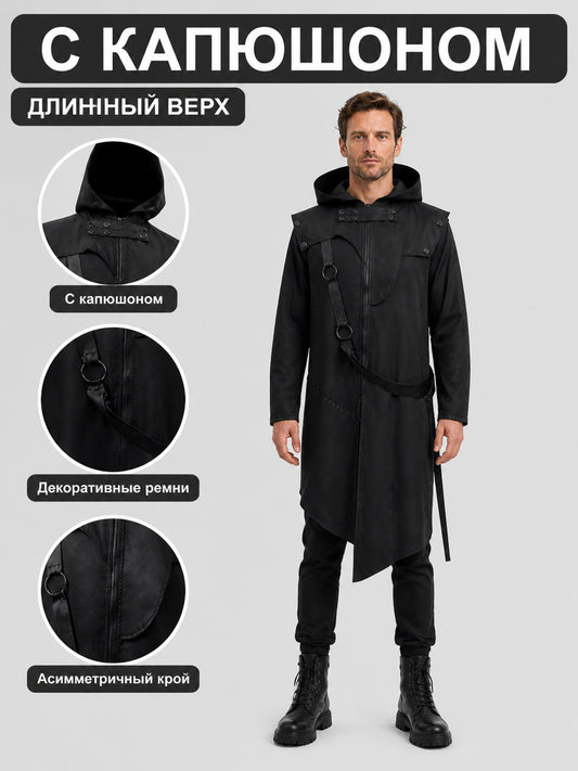 Long Black Hooded Jacket with an Asymmetrical Hem main product view