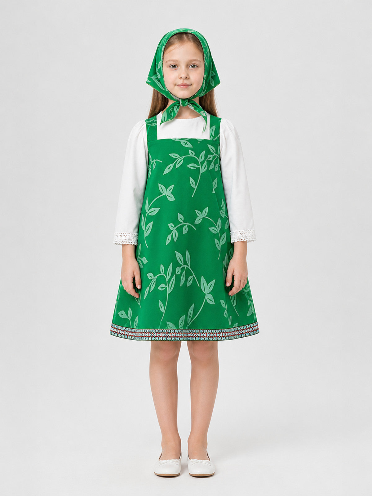 Children's Masha Costume: Dress with Headscarf for a School Performance on-model view
