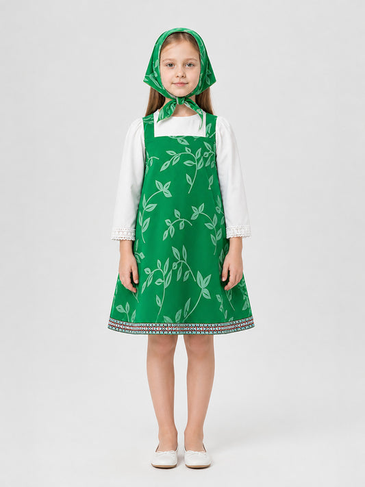 Children's Masha Costume: Dress with Headscarf for a School Performance on-model view