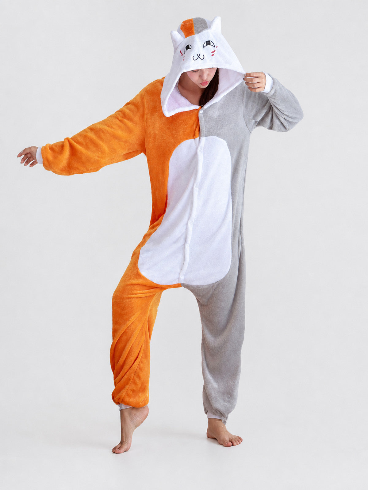 Plush Hooded Cat Kigurumi Costume on-model view