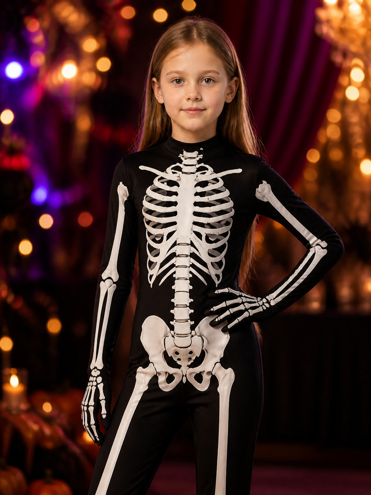 Halloween Skeleton Jumpsuit Costume, Black With White Bone Print on-model view