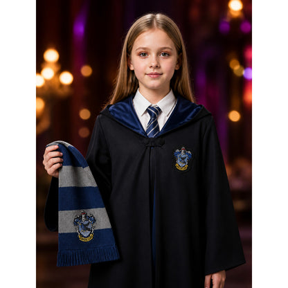 Wizard Robe Costume Set with Striped Scarf and Tie, Emblem on-model view
