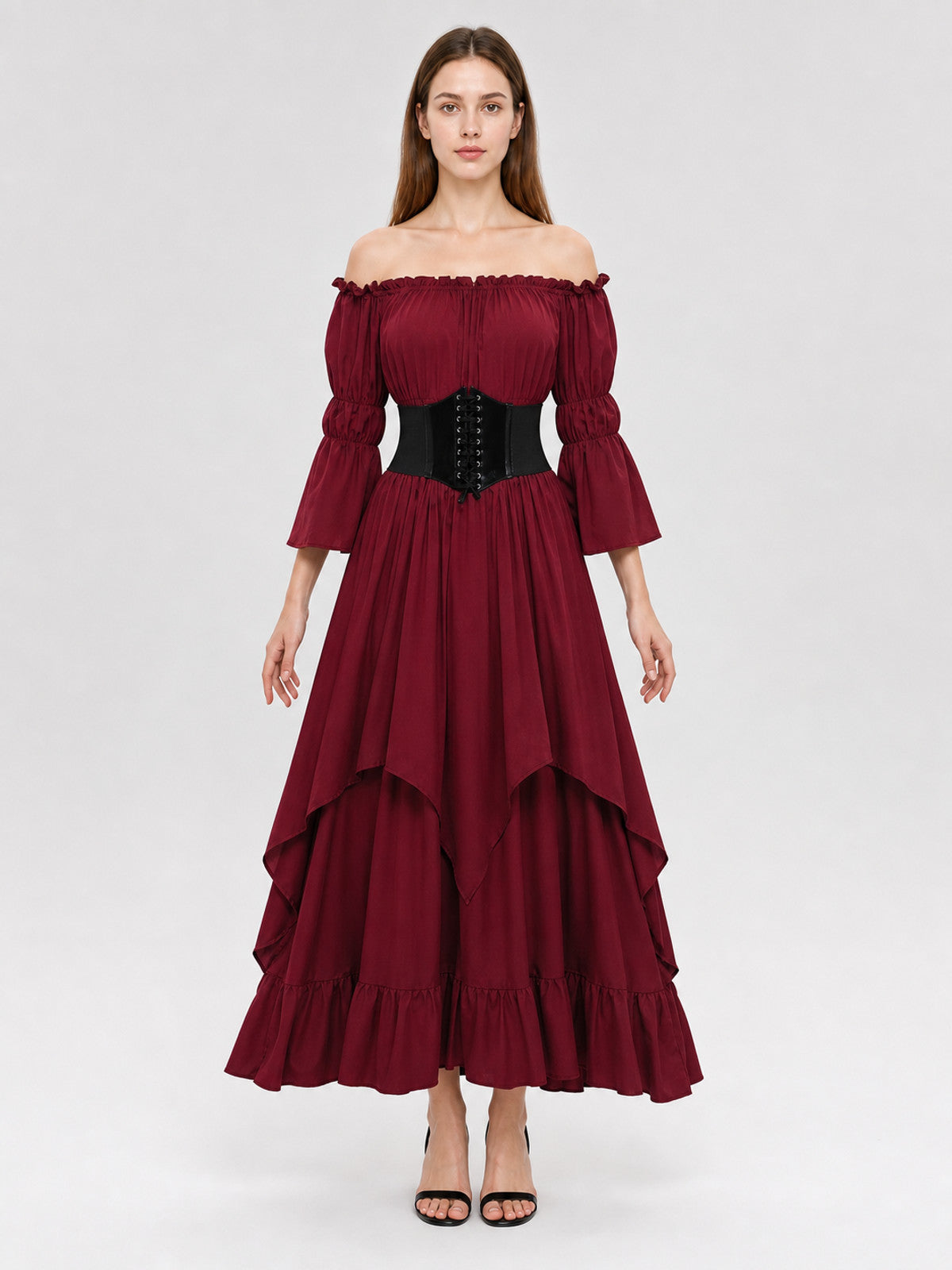 Burgundy Maxi Dress with Ruffles and Lace-Up Detail front view