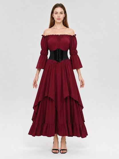 Burgundy Maxi Dress with Ruffles and Lace-Up Detail front view