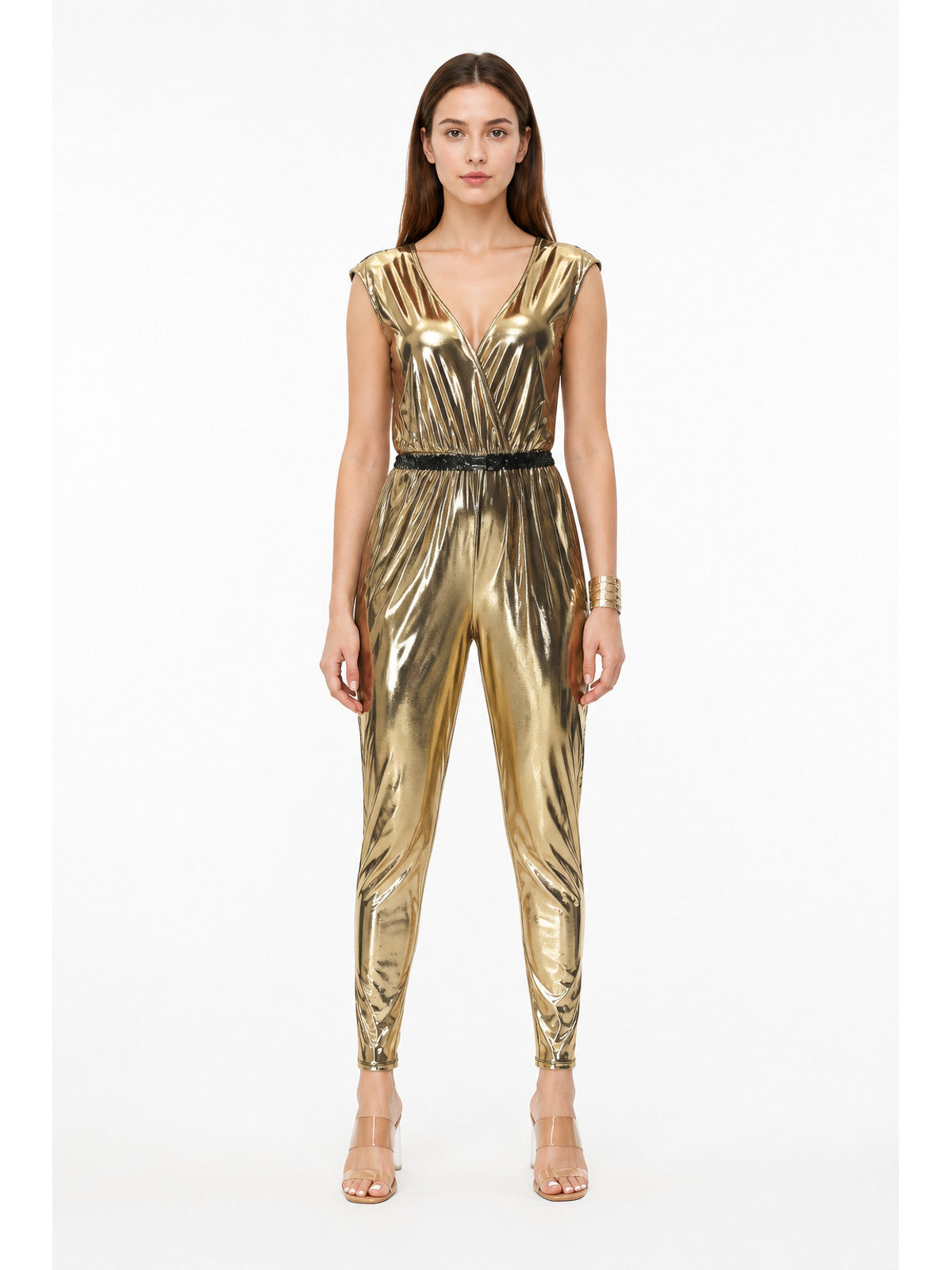 Gold Sleeveless Jumpsuit with V-Neck main product view