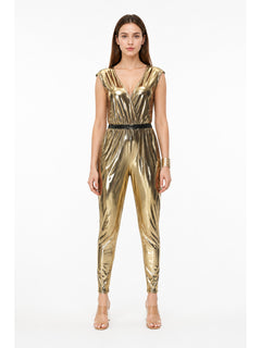 Gold Sleeveless Jumpsuit with V-Neck