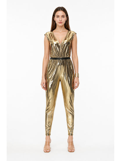 Gold Sleeveless Jumpsuit with V-Neck main product view