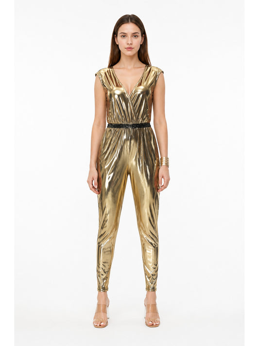 Gold Sleeveless Jumpsuit with V-Neck main product view