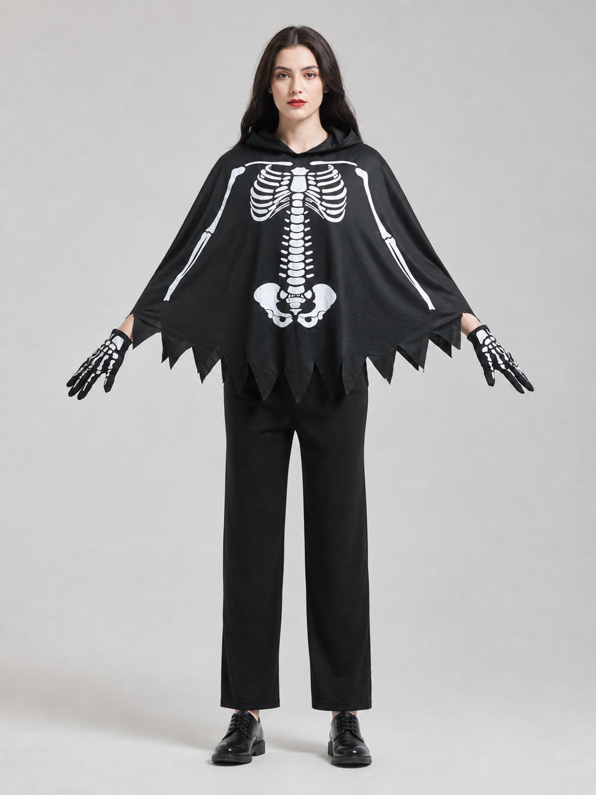 Skeleton Costume with Hood and Gloves front view