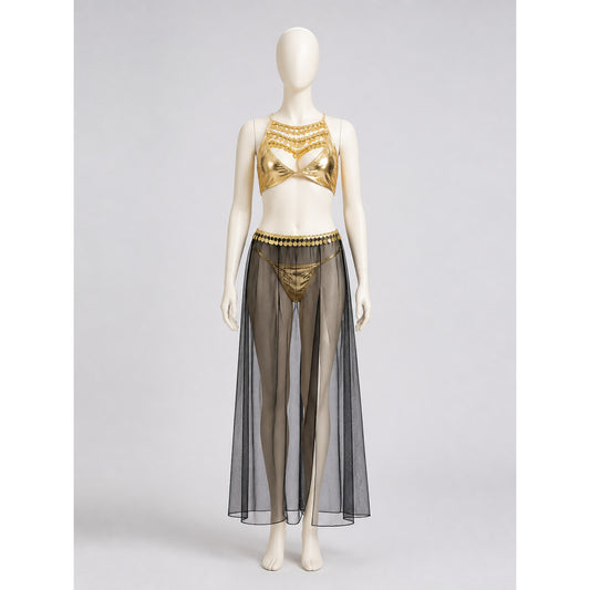 Cleopatra Costume with Sequins and a Sheer Skirt with a Slit on-model view