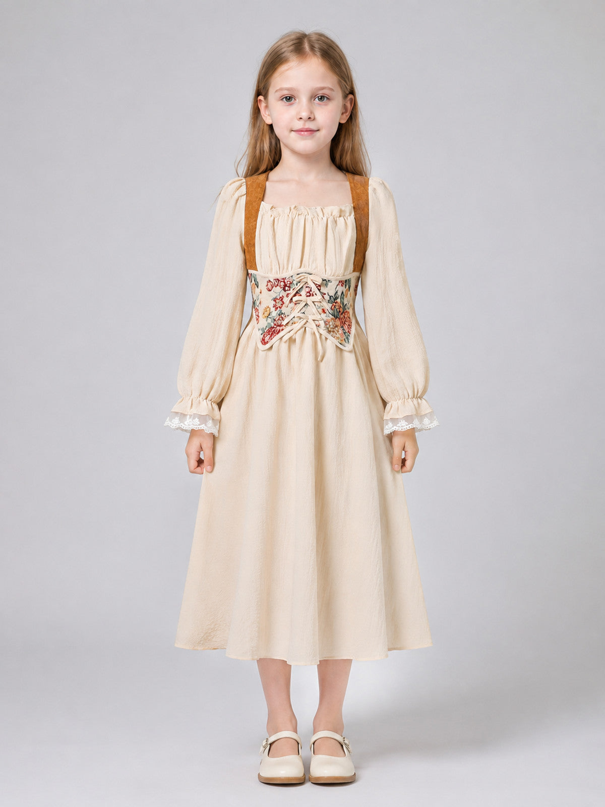 Girls’ Dress with Corset Panel and Puff Sleeves on-model view