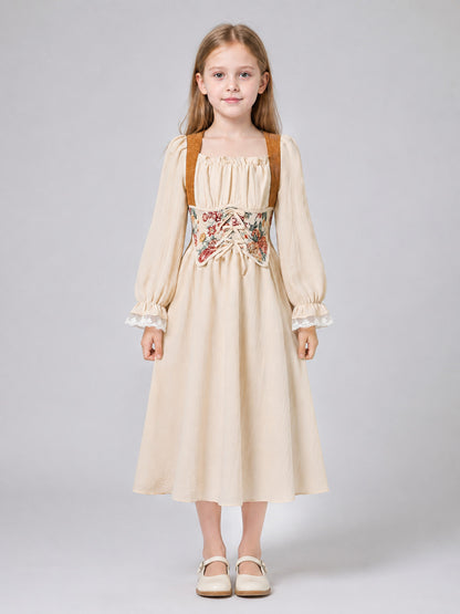 Girls’ Dress with Corset Panel and Puff Sleeves on-model view