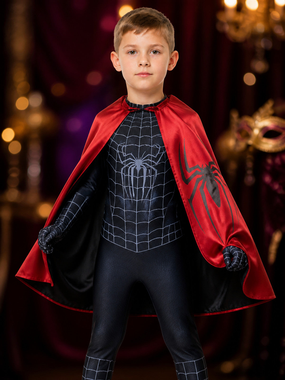 Black Spider-Themed Bodysuit Costume With Cape And Integrated Mask on-model view