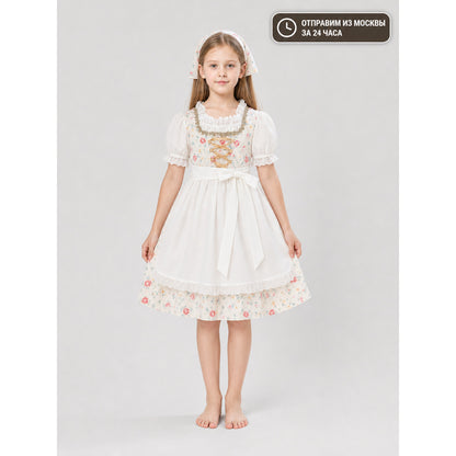 Dress with Apron and Headscarf, Floral Print