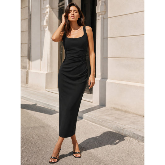 Black midi dress with a square neckline and draping