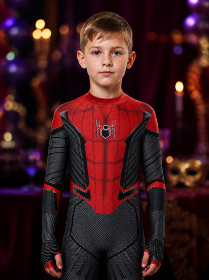Red and Black Spider-Themed Full-Body Jumpsuit Costume, Head-Covering Design on-model view