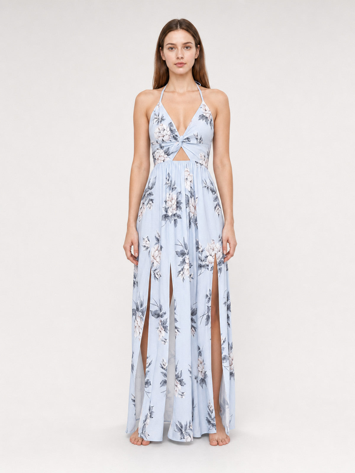 Maxi Dress with Floral Print and V-Neck on-model view