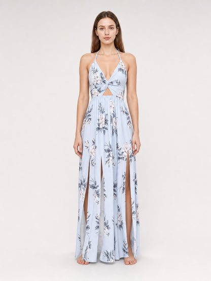 Maxi Dress with Floral Print and V-Neck on-model view