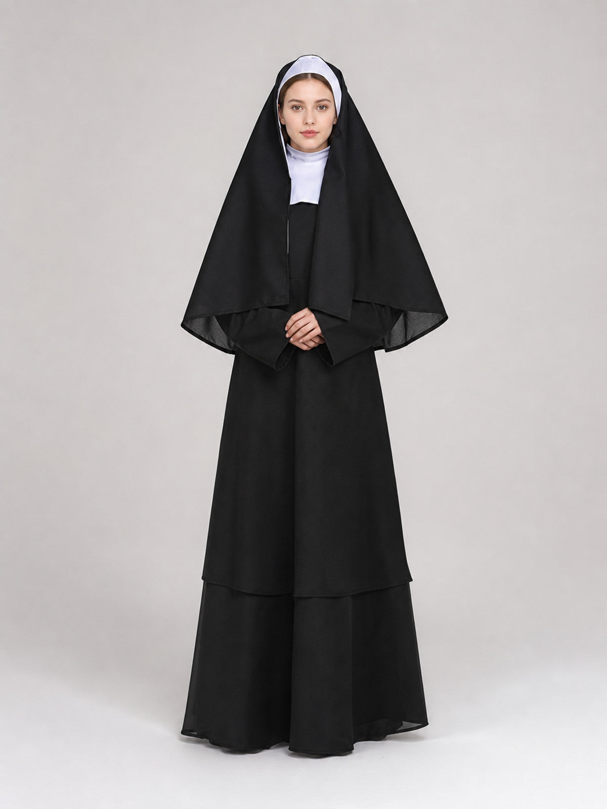 The costume consists of a religious and ceremonial robe in a black-and-white on-model view