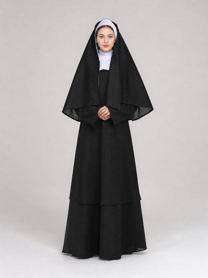 The costume consists of a religious and ceremonial robe in a black-and-white on-model view