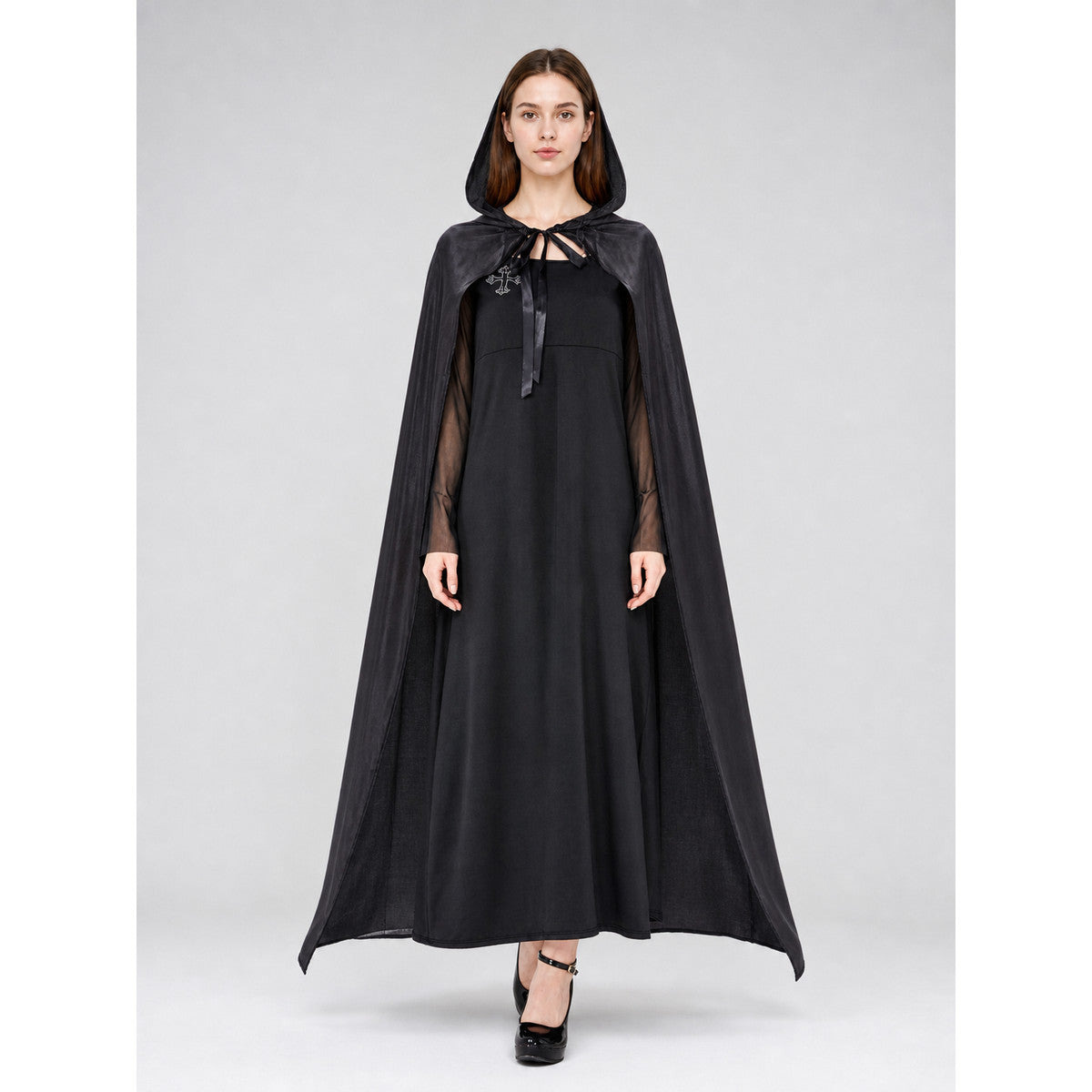 Costume: Black Hooded Cape and Dress on-model view