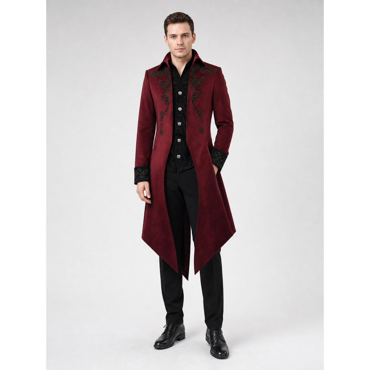 Carnival Long Embroidered Cloak, Burgundy on-model view