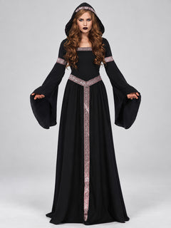 Black Witch Costume with Hood, Belt, and Bell Sleeves