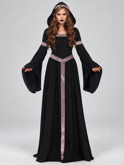 Black Witch Costume with Hood, Belt, and Bell Sleeves