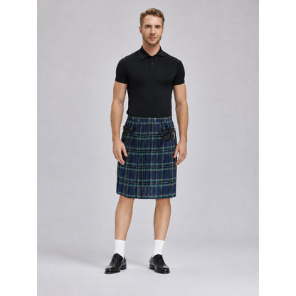 The plaid skirt is designed in a Scottish style and decorated with a crisscross pattern in blue and white, green, and black. Plaid runs across the entire surface of the garment, creating a distinctive, recognizable look. The skirt has a str