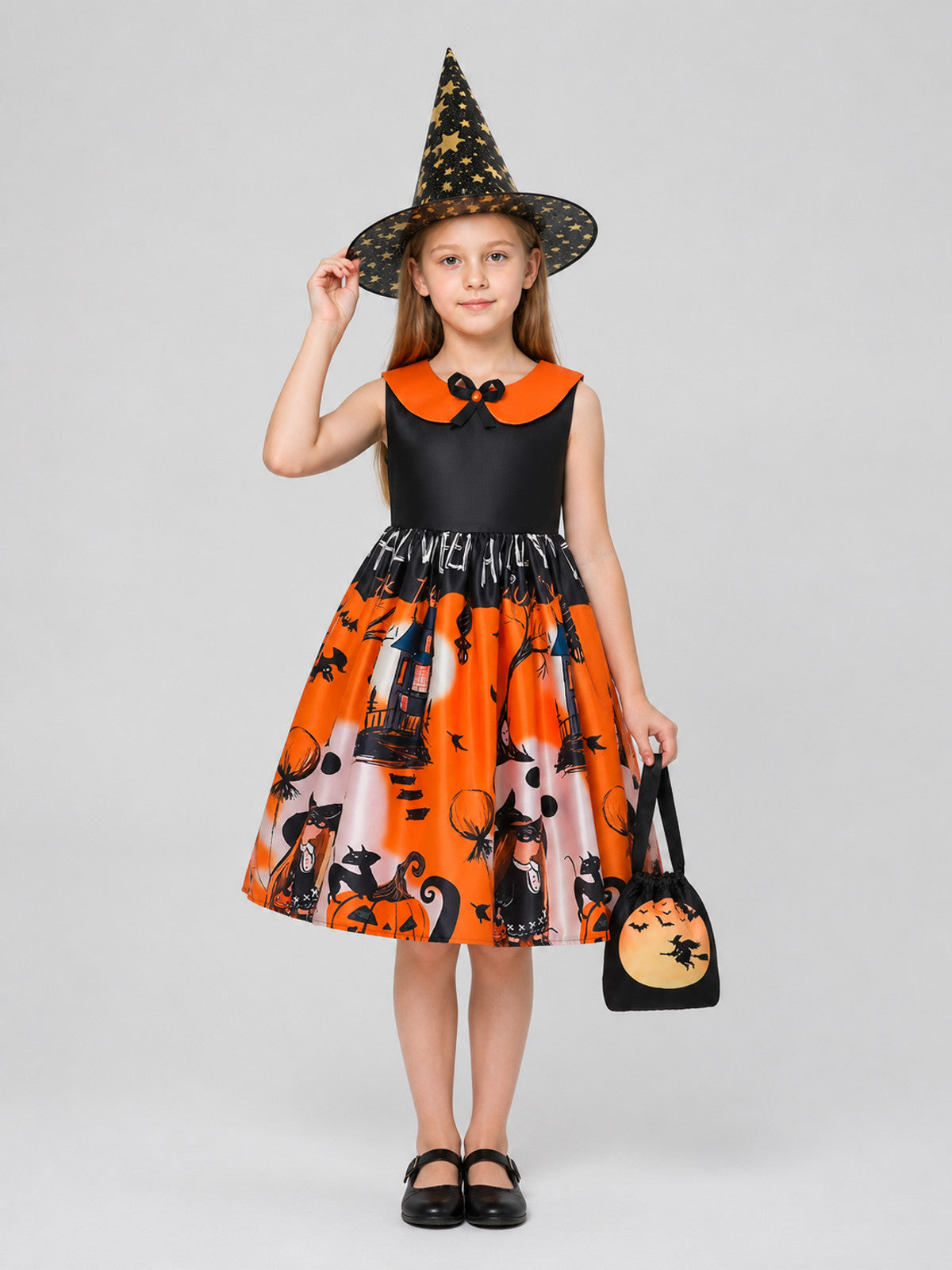 Children's Halloween Costume: Dress, Hat, and Handbag on-model view
