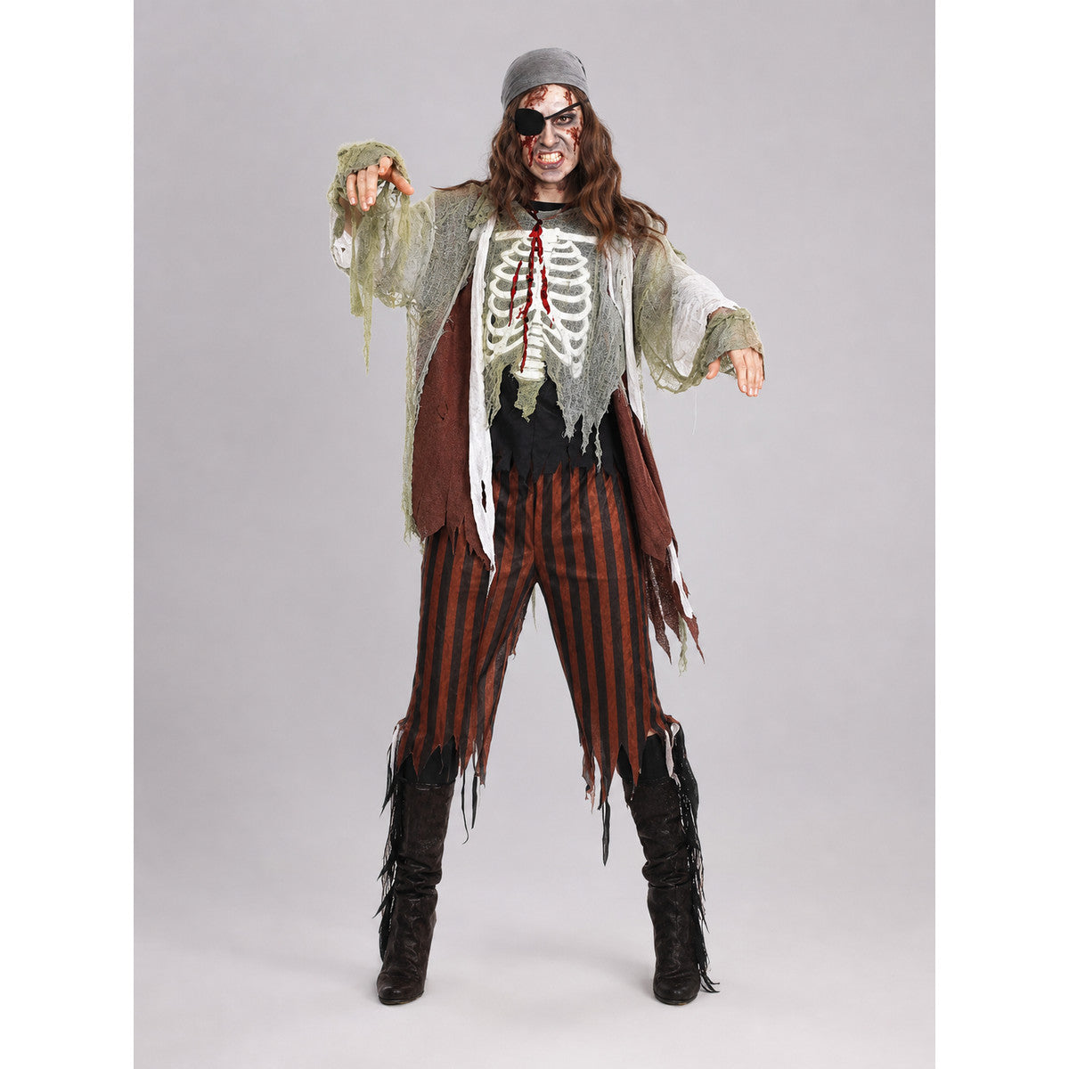 Pirate costume for masquerade and cosplay in a distressed pirate style. The set includes a long-sleeve top with a skeleton print, black-and-brown vertical striped pants, a black eye patch, and dark brown shoe covers. The top and the edges o