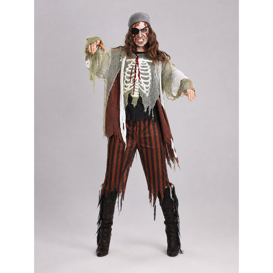 Pirate costume for masquerade and cosplay in a distressed pirate style. The set includes a long-sleeve top with a skeleton print, black-and-brown vertical striped pants, a black eye patch, and dark brown shoe covers. The top and the edges o
