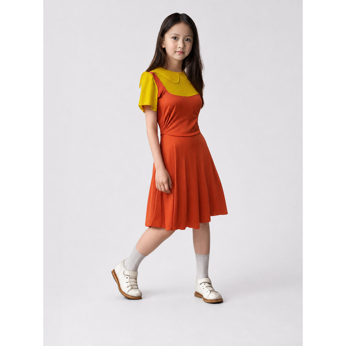 Children’s Carnival Dress with Bright Color-Block Design on-model view