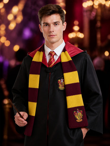 Wizard Costume Set, Long Hooded Robe with Tie and Scarf, Red and Gold Trim on-model view