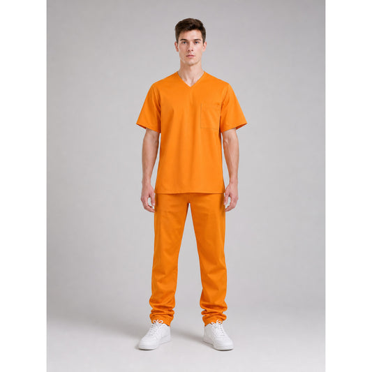 Men's Orange Prison Costume Two-Piece Set, Short-Sleeve Top With Chest Pocket And Matching Long Pants For Role Play