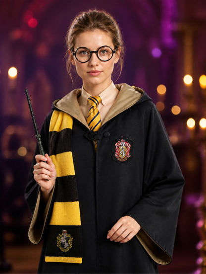 Kids Wizard Robe Hooded Costume Set with Tie, Scarf, Glasses & Wand - Yellow and on-model view